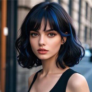 14 Inch Curly Bob Wig for Women, Black Mixed Blue
